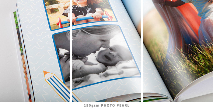 Open photo book with 190gsm photo pearl paper, featuring colourful printed pages and a sturdy binding.
