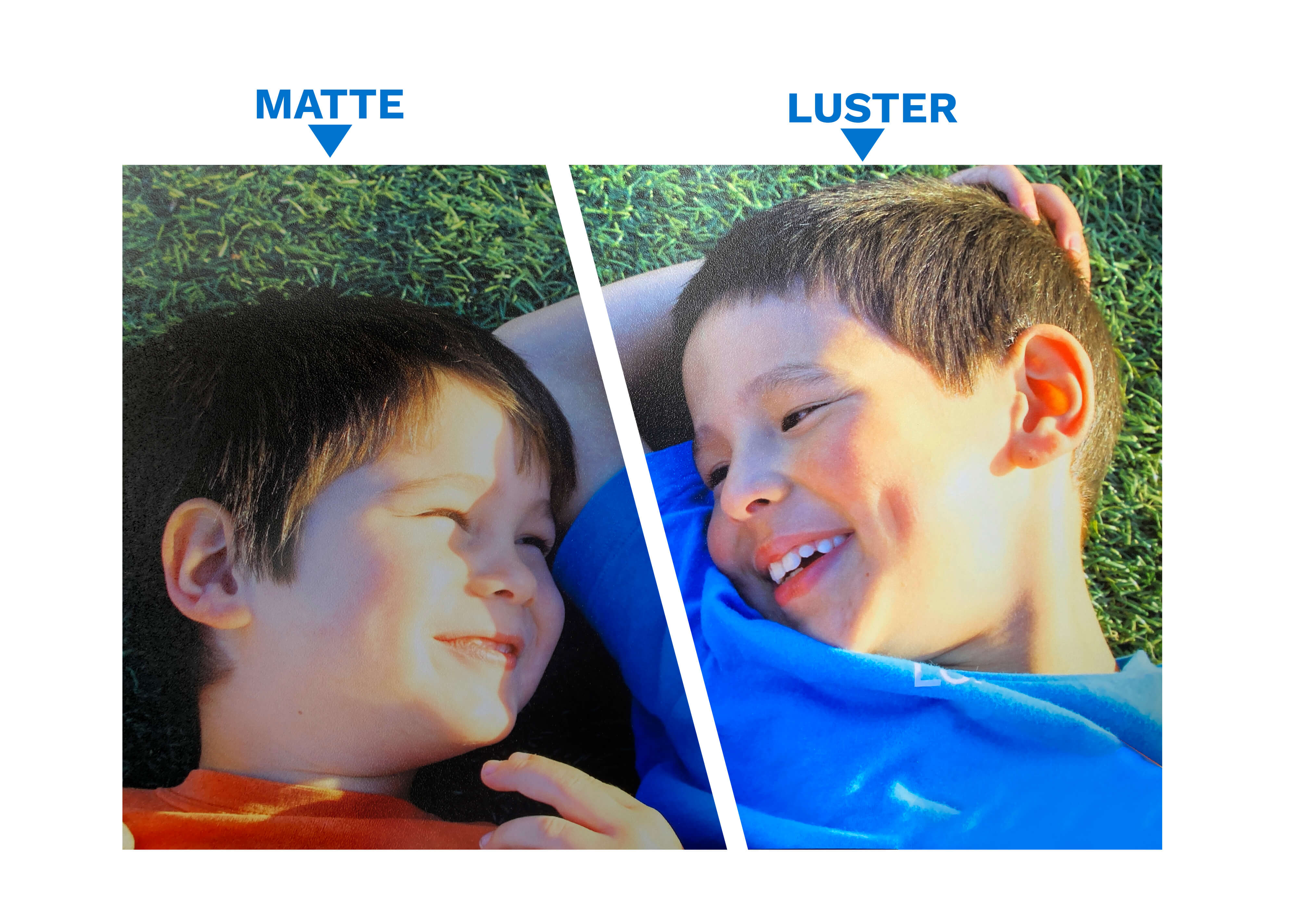 Hardcover photobook print comparison with matte and luster page stocks.